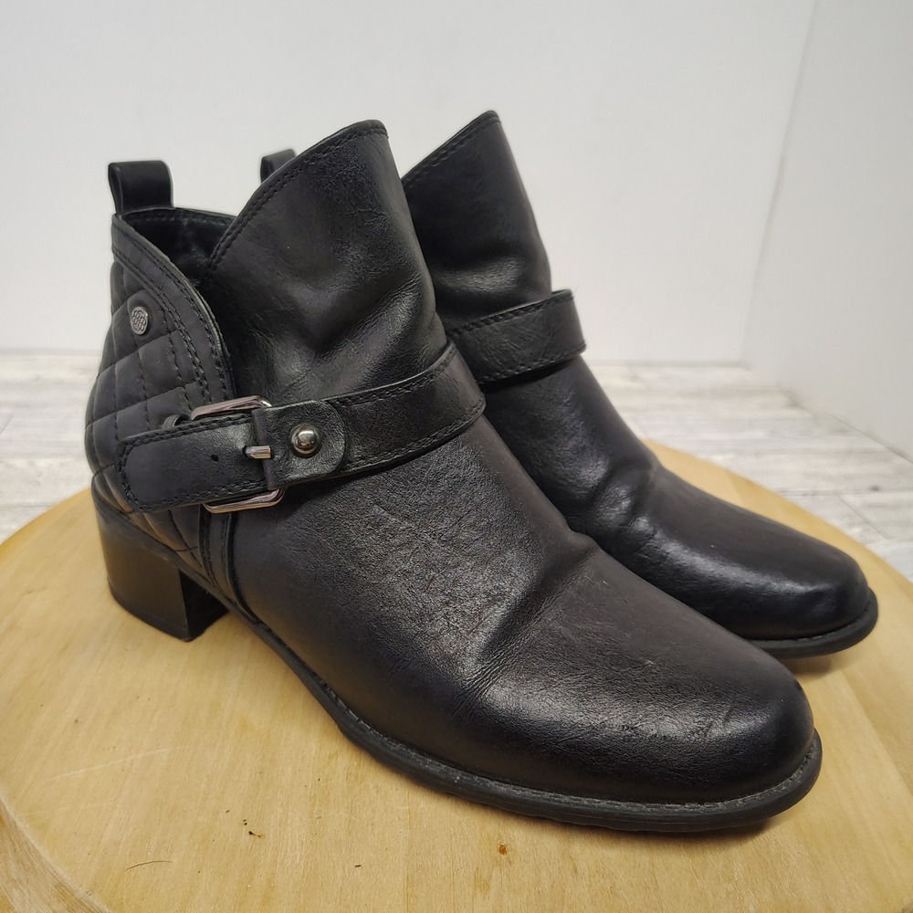 Biker Chic‎ Black Quilted Buckle Ankle Boots Faux Leather Block Heel Size 6.5B